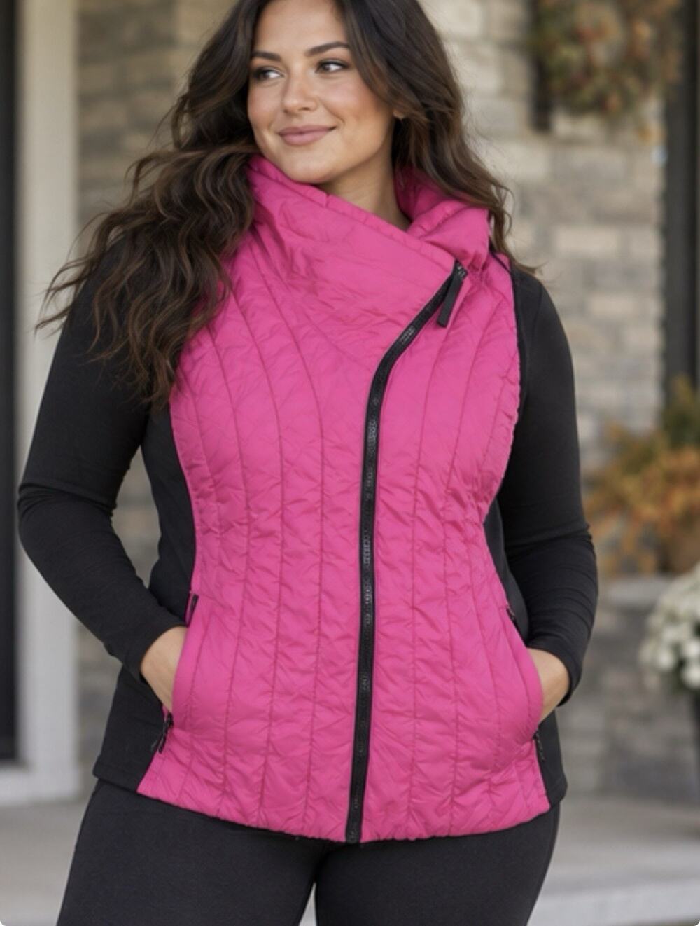 Calvin Klein Performance Puffer Vest Womens Small Pink Black Asymmetric Zip